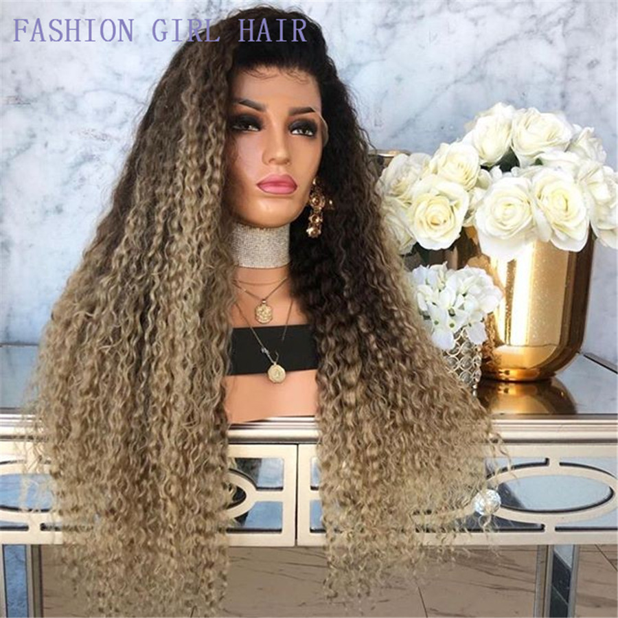 New Kinky Curly simulation Human Hair Wig with baby hair Ombre blonde synthetic Lace Front Wigs heat resistant For Women