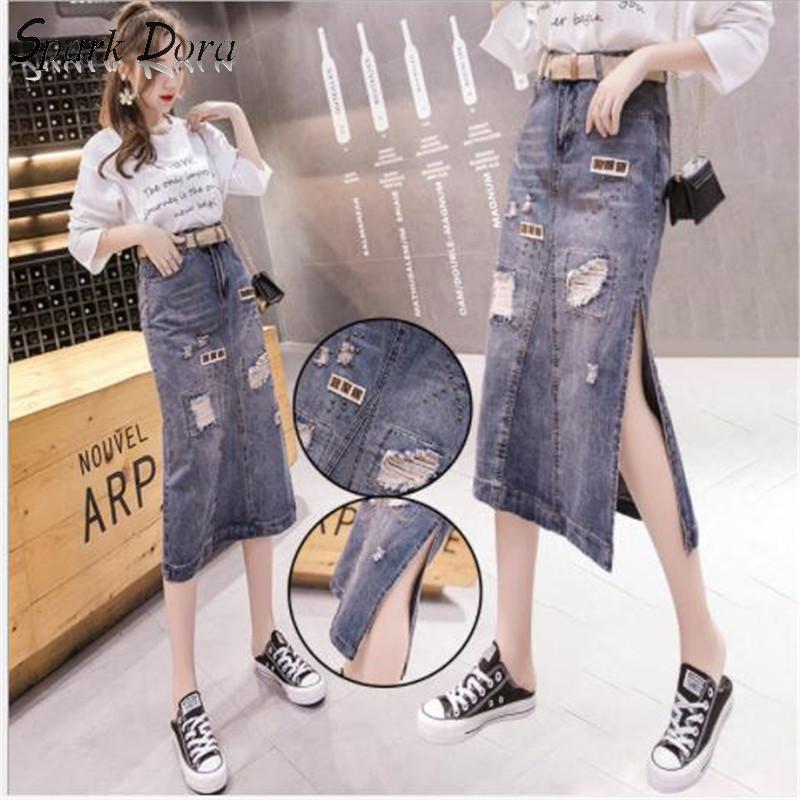 SparkDora Streetwear Denim Skirt Summer Spring 2020 High Waist Jeans Skirt Female Knee-Length Holes Cowboy Femme A-Line, Blue
SparkDora Streetwear Denim Skirt Summer Spring 2020 High Waist Jeans Skirt Female Knee-Length Holes Cowboy Femme A-Line, Blue