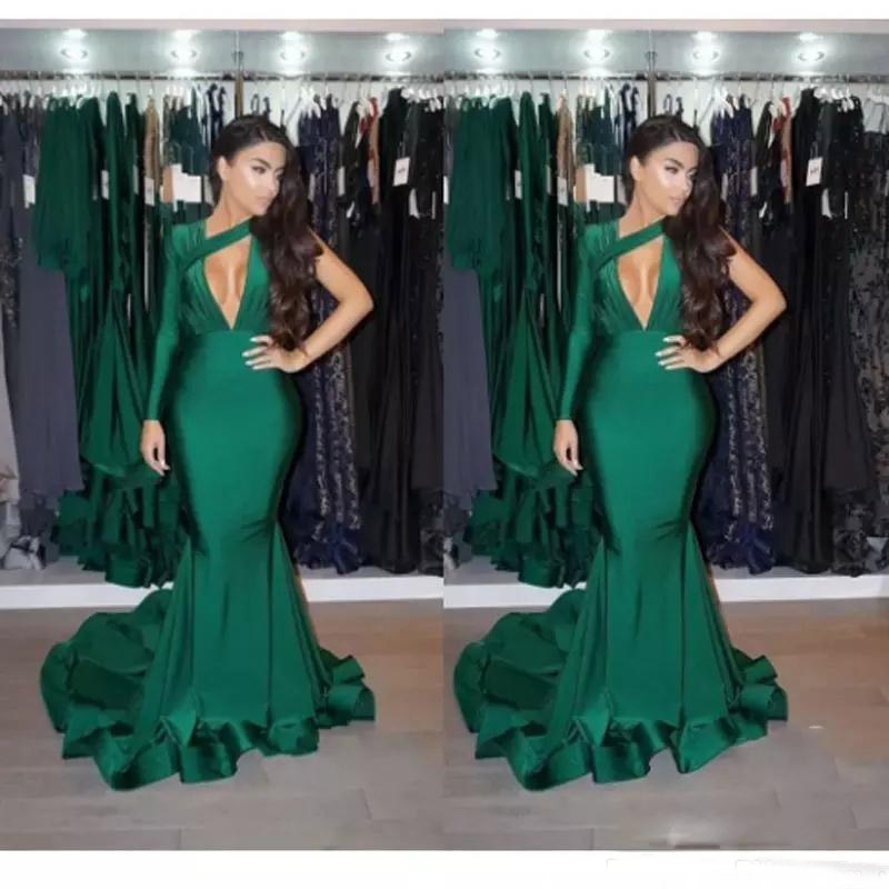 2019 emerald green long sleeves evening dresses mermaid chic one shoulder floor length simple arabic formal celebrity Gowns prom gowns cheap