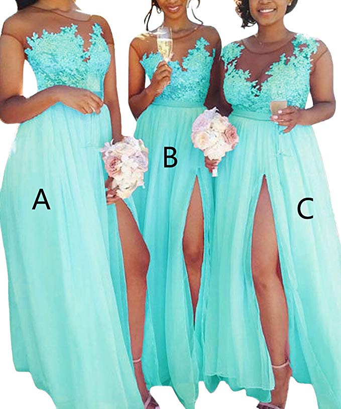 2023 Fashion Pink A Line Chiffon Bridesmaid Dress Lace Applique Prom Dress Illusion Neck High Slit Beach Formal Evening Gowns Party Long Dresses For W