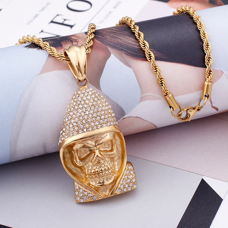 Vitage Exaggeration Skeleton Pendants Necklace Men's Hip Hop 316L Stainless Steel Cubic Zirconia Setting 18K Gold Plated Jewelry