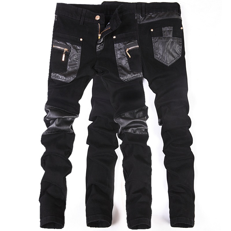 New Fashion Men Leather Pants Patchwork Casual Skinny Men's Motorcycle Jeans High Quality Men's Slim Trousers Jeans Size 28-36