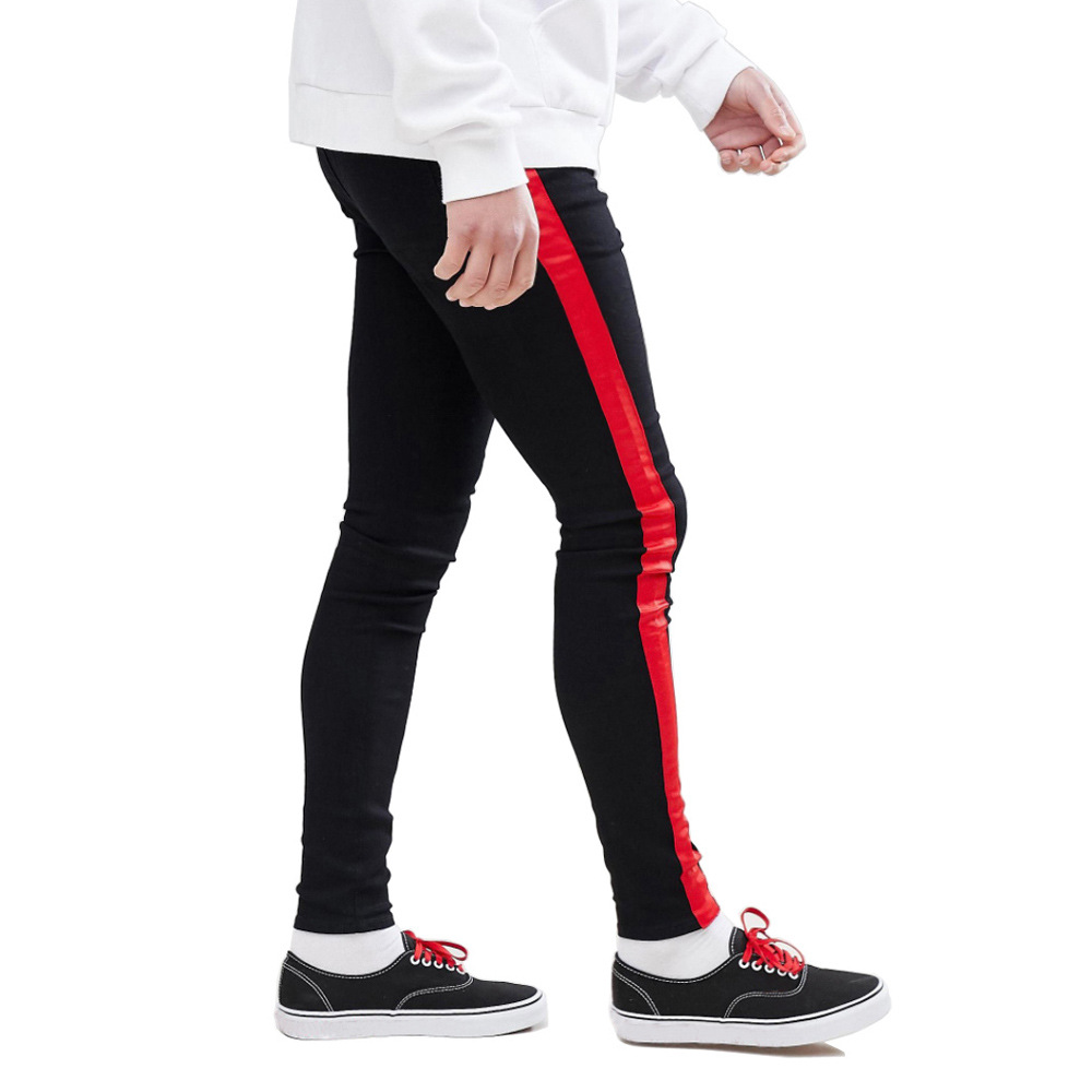 Side Stripe Red White Men Jeans Skinny Stretch Black Slim Fit Pants Tapered Legging Pencil Biker Comfy
