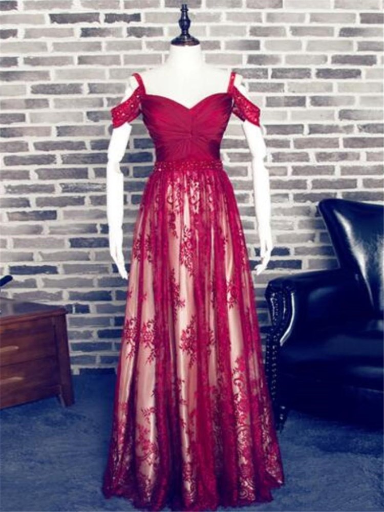 

Charming Red A-line Sweetheart Spaghetti Straps Lace Prom Dress Off the Shoulder Long Burgundy Evening Dress, Same as picture