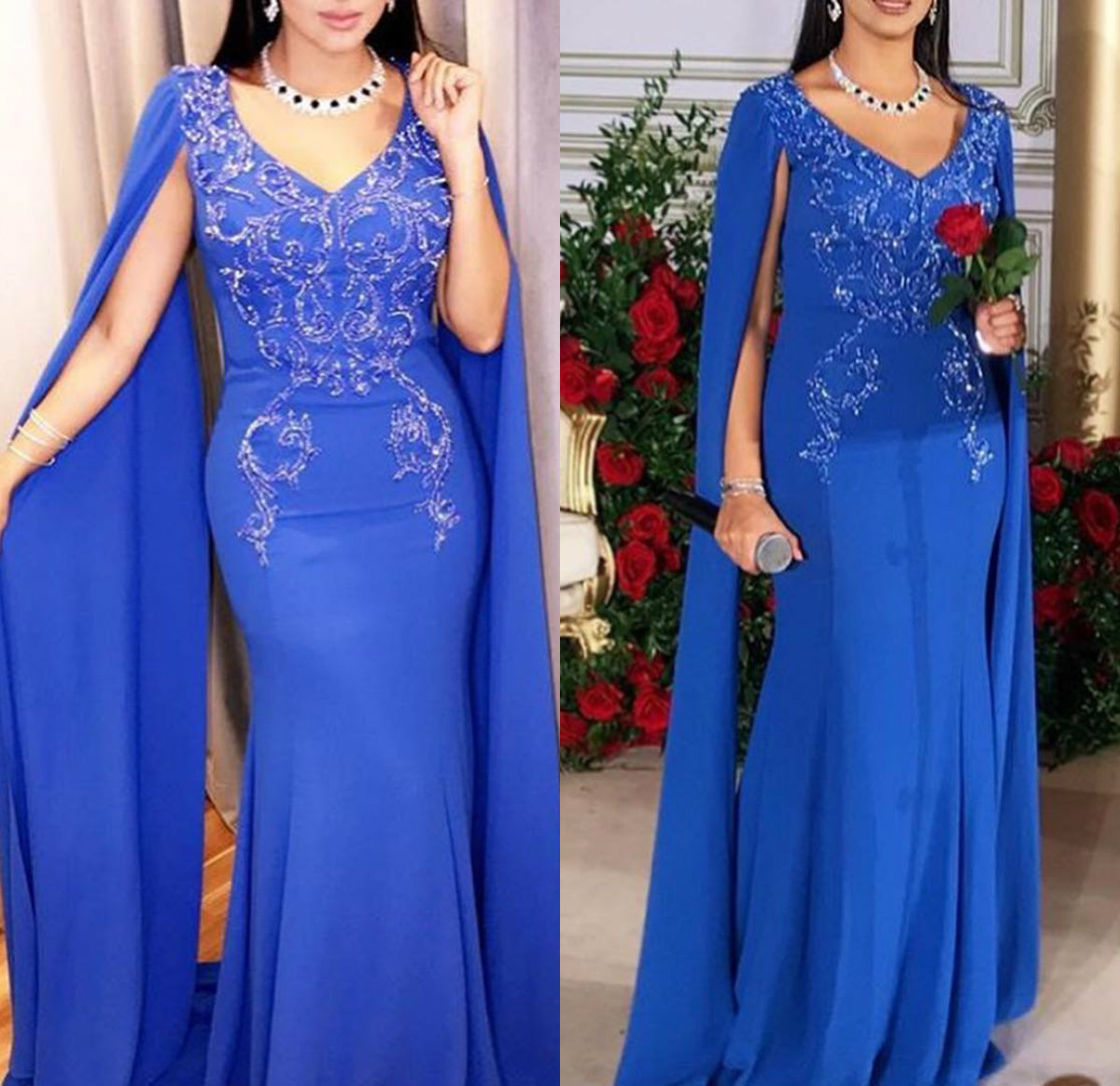 2020 Arabic Blue Evening Dresses With Cape Applique Beads Satin V Neck Mermaid Prom Dress Plus Size Formal Occasion Gowns
