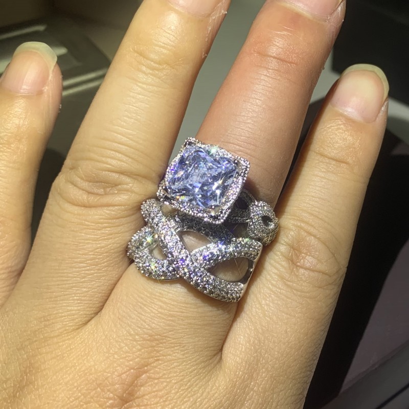 US Size 5-10 Hip Hop Vintage Fashion Jewelry 925 Sterling Silver Couple Rings Princess Cut White Topaz CZ Diamond Wedding Bridal Ring Set