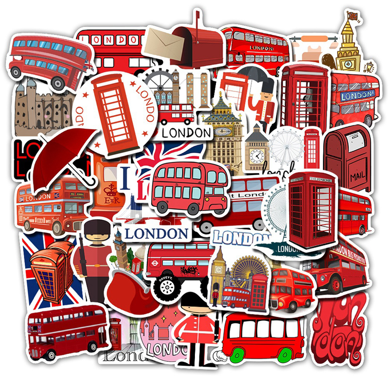 50pcs/Set Waterproof London Red Bus Telephone Booth PVC Stickers For Laptop Motorcycle Skateboard Luggage Decal Toy Sticker