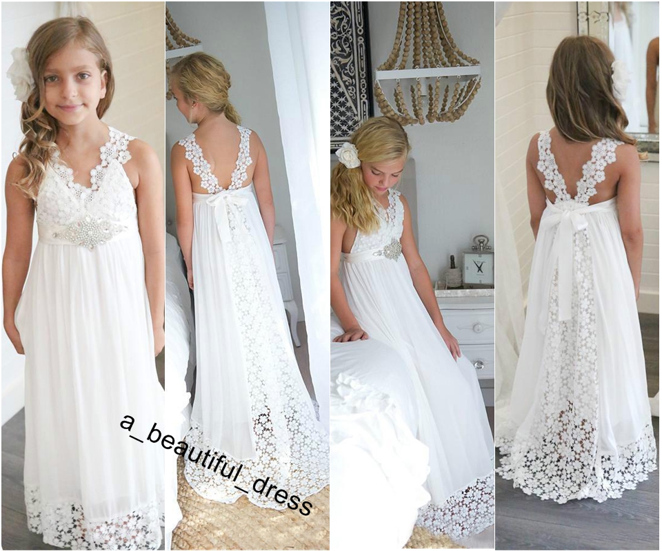 Lace Chiffon Girls Pageant Dress Bead V-Neck Floor Length Girl Communion Dress Kids Formal Wear Flower Girls Dresses for Wedding FG1265