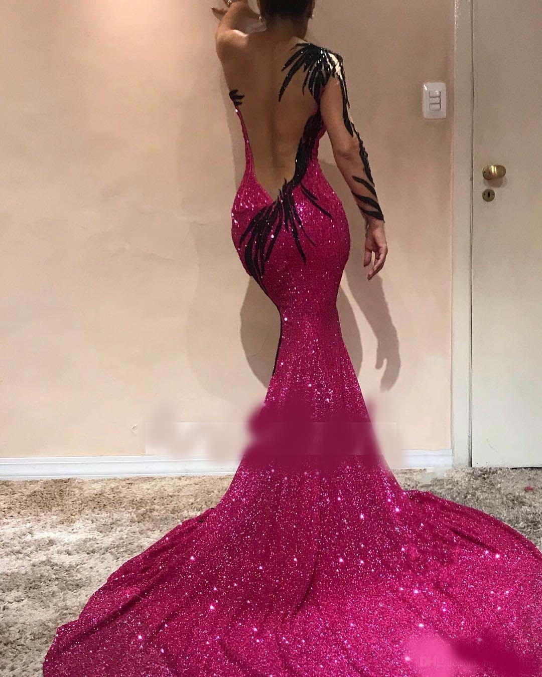 Gorgeous Fuchsia Mermaid Evening Dresses Sexy Open Back Sequined One Shoulder Evening Prom Gowns Arabic Pageant Celebrity Dress
