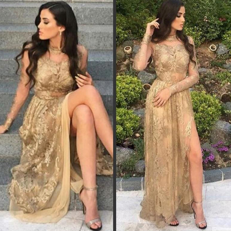 Fashion Gold High Neck Long Sleeve A Line Evening Dresses Lace Side Split Prom Dresses vestido de noche Formal Party Dresses, Gray
Fashion Gold High Neck Long Sleeve A Line Evening Dresses Lace Side Split Prom Dresses vestido de noche Formal Party Dresses, Gray