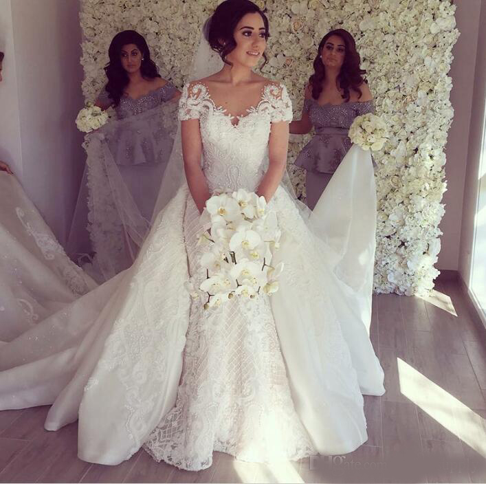 2020 Lace Mermaid Wedding Dresses with Detachable Train Short Sleeve Beads Appliques Backless Bridal Gowns Vestidos De Novia