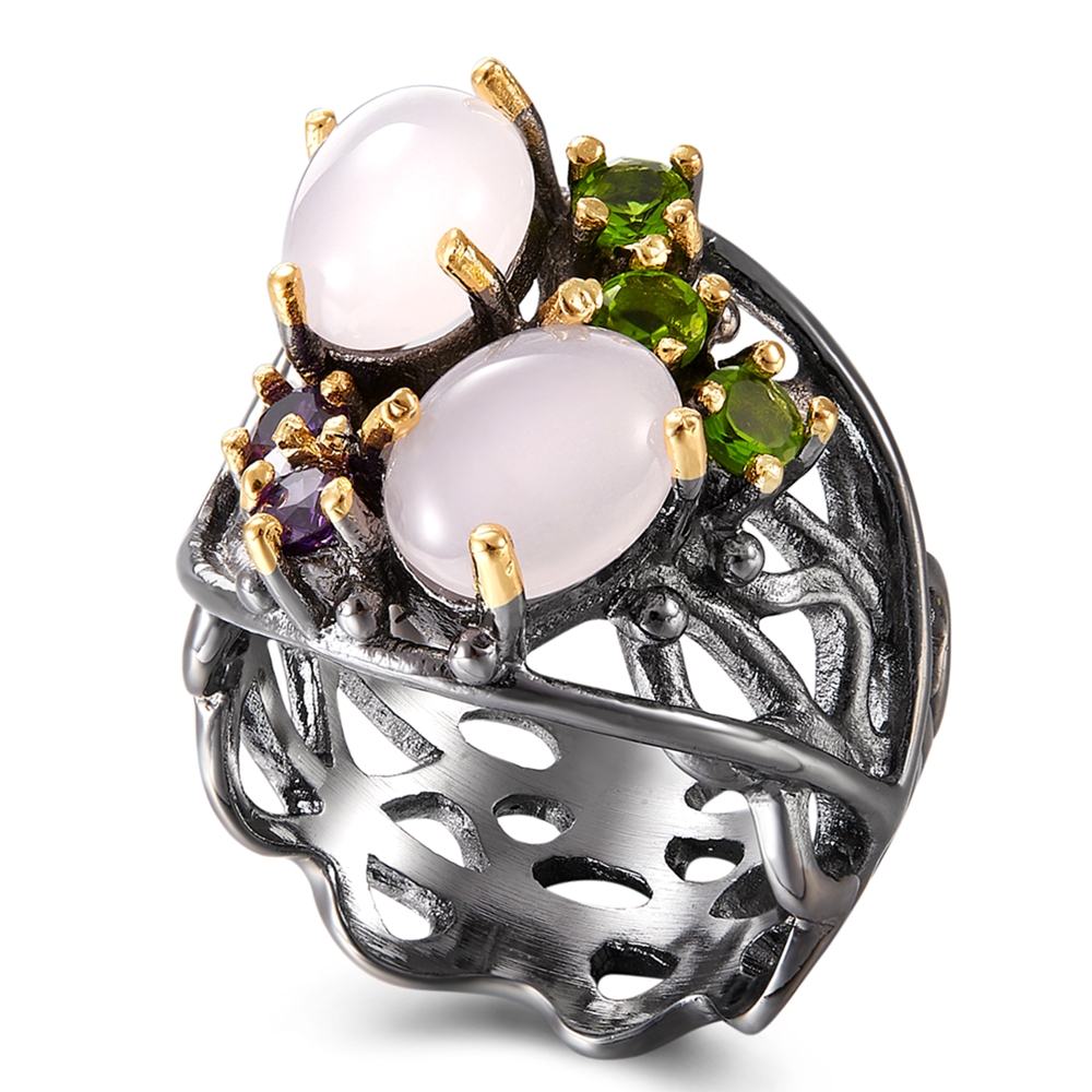 

Hollow design Oval Pink Opal stone Ring Trendy Gun Black Jewellery Top quality Fast delivery Women Brass Jewelry rings