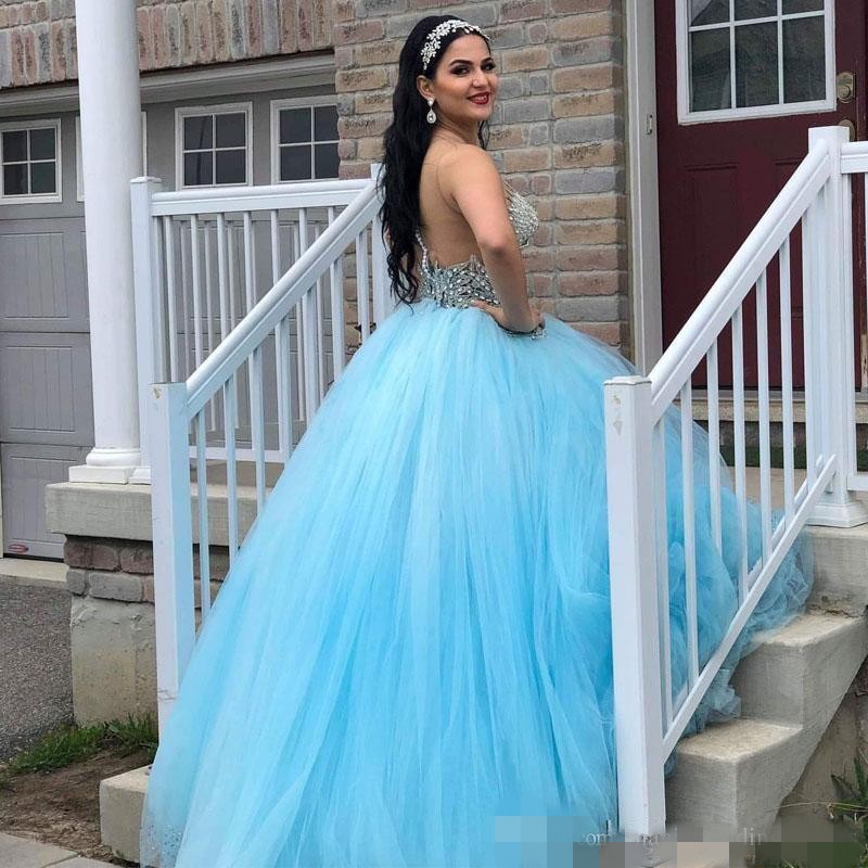 Newest Blue Sky Quinceanera Dresses Halter Sheer Neck Illusion Back Beaded Crystal Appliqued Tulle Sweet Prom Ball Gown