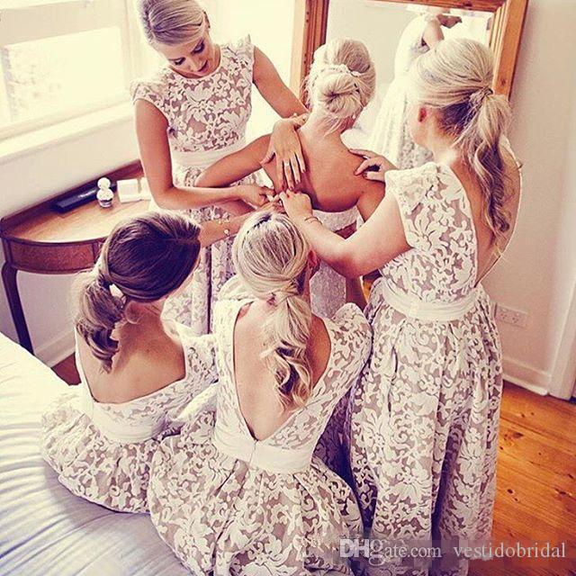 Summer Beach Cap Sleeves High Low Evening Dresses White Champagne Lining Full Lace Girls Formal Party Prom Gowns Junior Bridesmaid Wear