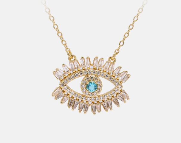 8k gold plated Turkish evil eye necklace lucky girl gift Baguette cubic zirconia turquoise geomstone top quality evil eye jewelry GD117