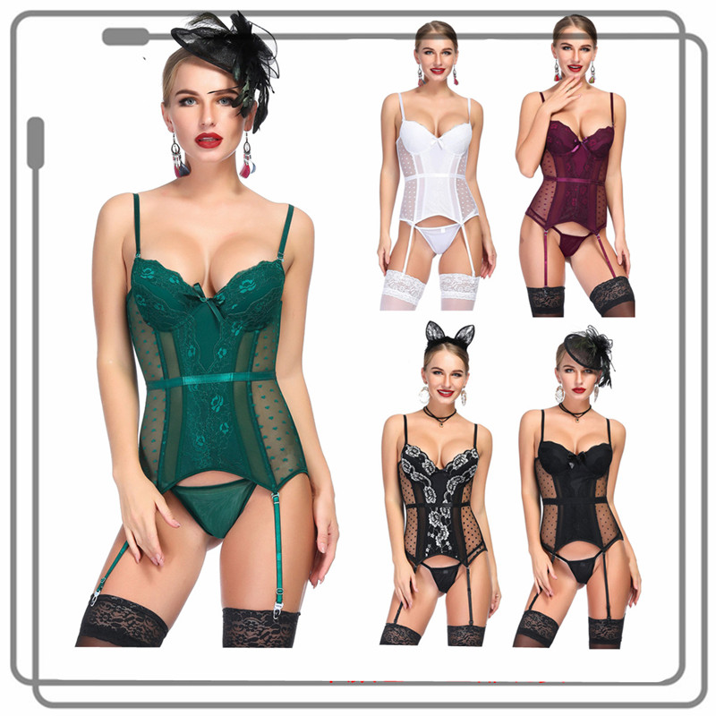 Women Sexy Gartered Push-up Bra Side Mesh 8pcs Plastic Fully Boned Bustier and Panty Set White Bridal Lingerie Corset Overbust Corselet