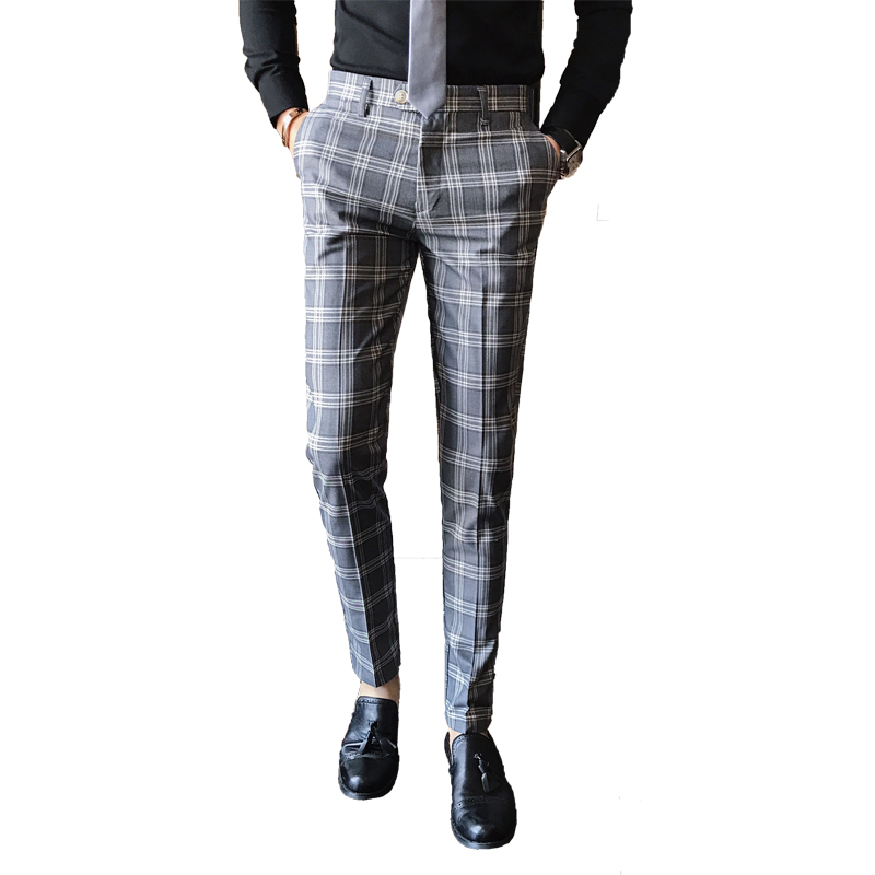 Mens fashion Men Dress Pant Plaid Business Casual Slim Fit Homme Classic Vintage Check Suit Trousers Wedding Pants
