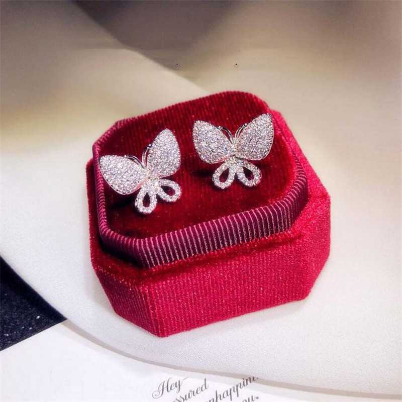 Sweet Cute Luxury Sparkling Jewelry 925 Sterling Silver Pave White Sapphire CZ Diamond Gemstones Women Butterfly Wedding Stud Earring Gift