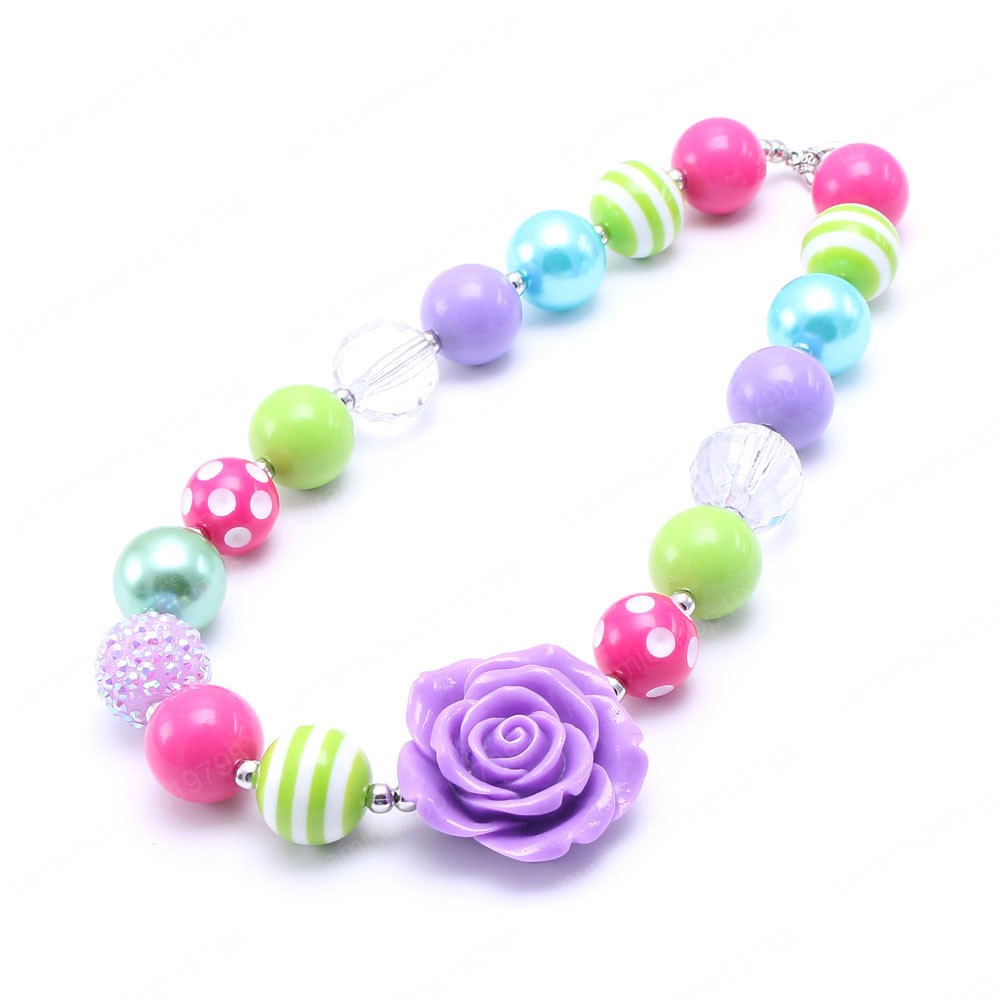 Kids Chunky Beads Necklace Cute Purple Big Flower Girls Chunky Bubblegum Necklace For Party Gift Jewelry Handmade
