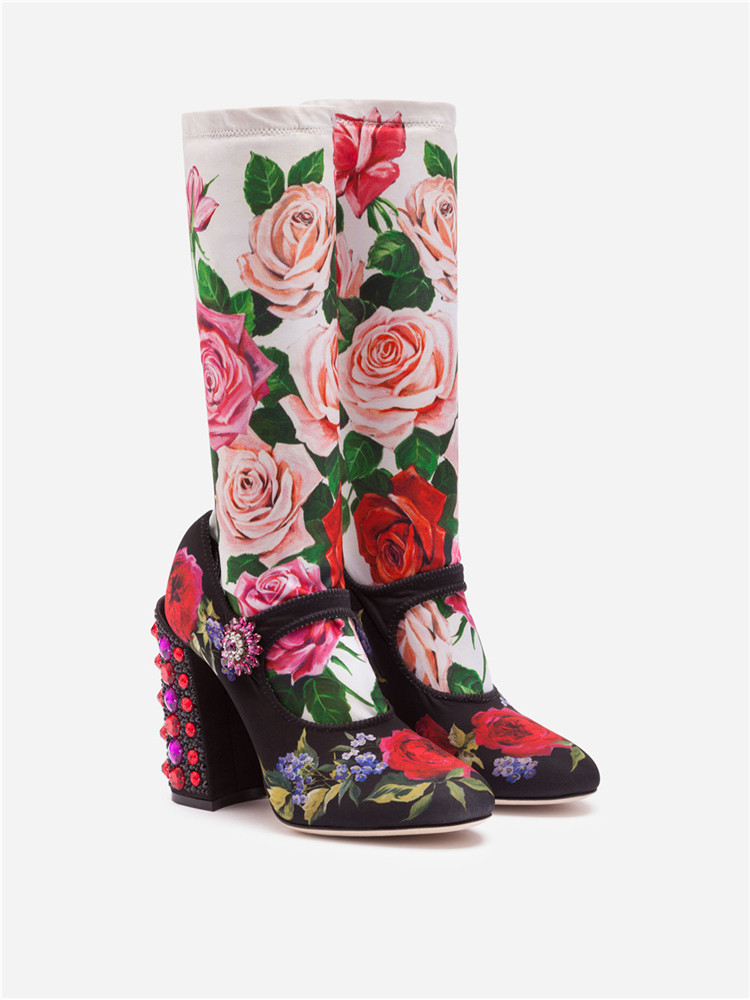 Hot Sale- 2019 Ladies leather diamond Pearl Chunky high heel Round toes Buckle Strap SANDALS SHOES half boots booties Print flowers 02