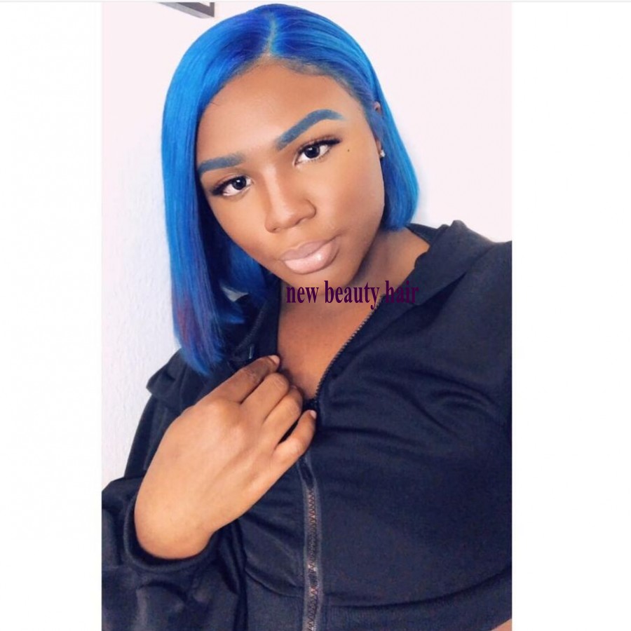 High quality side part natural short blue wigs cosplay Bob Lace Front Wig Pre plucked With Baby Hair Straight Frontal Wigs