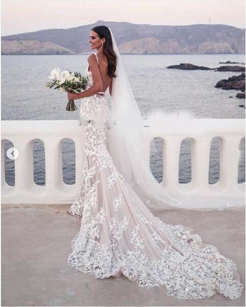Romantic Lace Mermaid Wedding Dresses V Neck Backless Floor Long Wedding Dresses Bridal Gowns Vestidos de novia BC3071