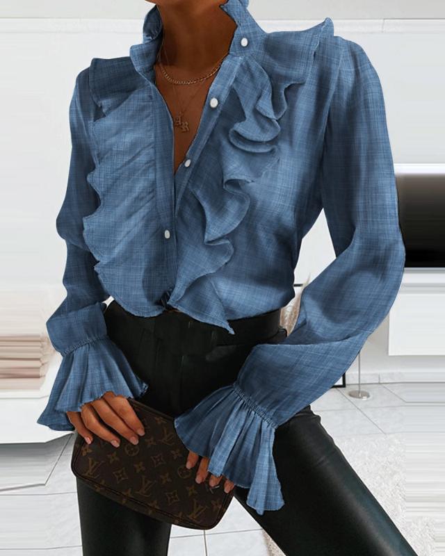 Long Sleeve Ruched Ruffles Design Panel Blouse Women Stand Collar Solid Casual Blouse Tops, Blue
Long Sleeve Ruched Ruffles Design Panel Blouse Women Stand Collar Solid Casual Blouse Tops, Blue