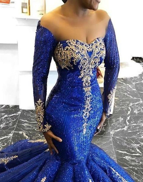 Royal Blue Mermaid Prom Dresses 2019 Long Sleeve Evening Gowns Plus Size Lace Applique Ruffle Beads robes de soirée Special Occasion Dress