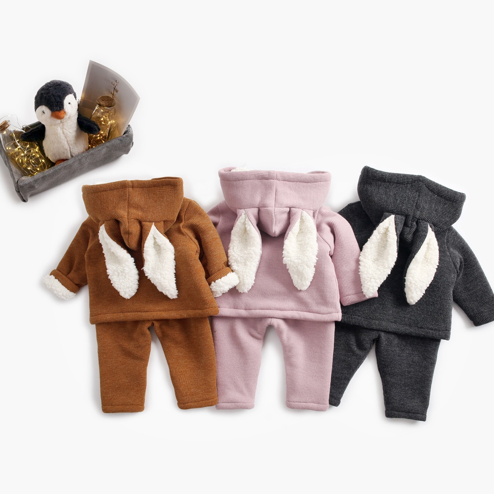 Children Clothes Set Kids Girls Boys 2PCs Rabbit Ears Hooded Warm Coat Tops+Pants Outfits Kids Winter Clothes
