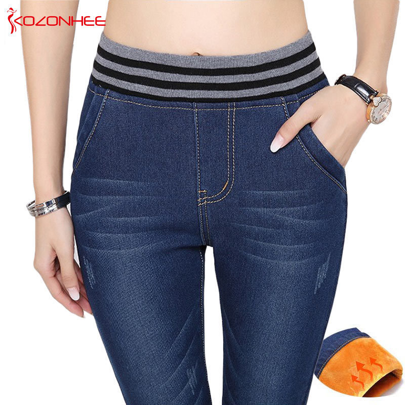 Alpaca Velvet Black Warm Jeans With High Waist Tight Jeans Winter Pencil Trousers Women Skinny Jeans Black Stretching Large Size Y190429