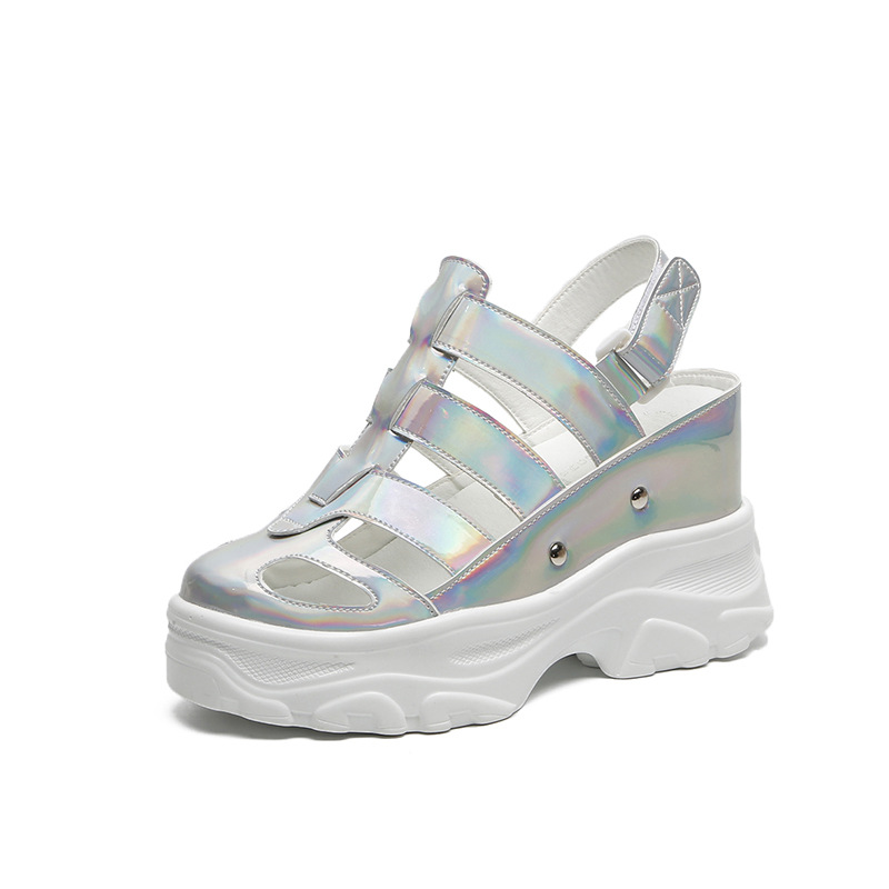 2020 Summer New Waterproof Platform Baotou Sandals Women's Increased Sponge Cake Thick High Heel Women's Wedges Shoes, Gold