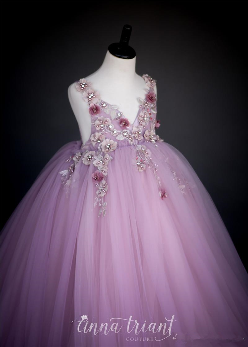 Lavendar Puffy Flower Girls Dresses For Wedding V Neck Lace Beads Backless Princess Kids Pageant Gowns Evening Party Formal Dress