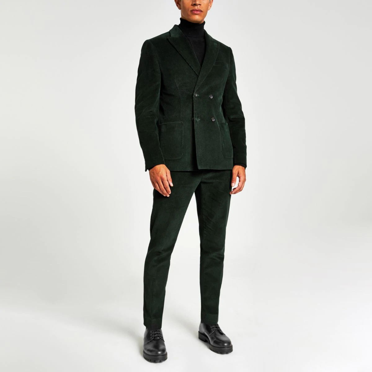 Dark Green Wool Blend Stripe Men Wedding Suits Double Breasted Peaked Lapel Groom Wear Formal Prom Suit(Jacket+Pants)
