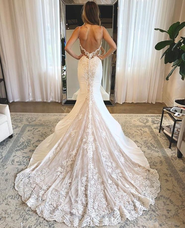 Sexy Mermaid Wedding Dresses Spaghetti Straps Lace Appliques Bridal Gowns New Deep V Neck Backless Custom Vestido De Noiva