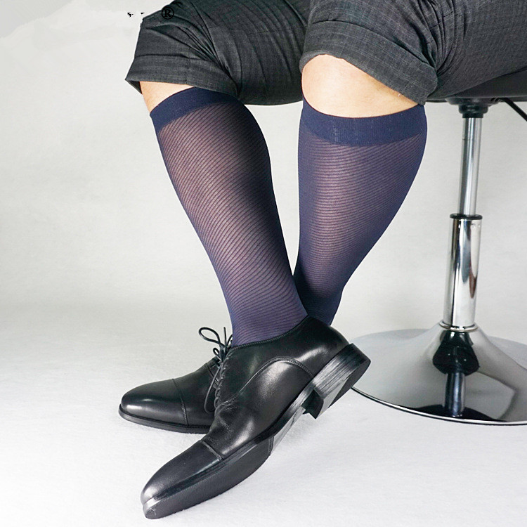 Twill Striped Mesh Nylon Silk Socks For Men Business Soft Sheer Light Weight Formal Dress Suit Knee Length Long Socks