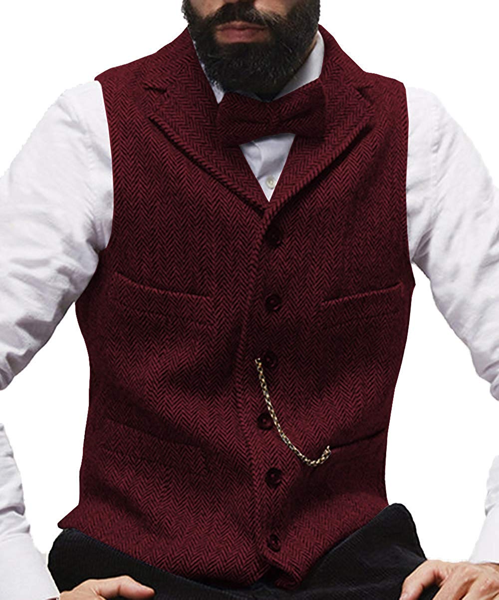 New Brown Rustic Groom Vests For Country Wedding Wool Herringbone Groomsmen Attire Men's Party Suit Vests Slim Fit Dress Waistcoat