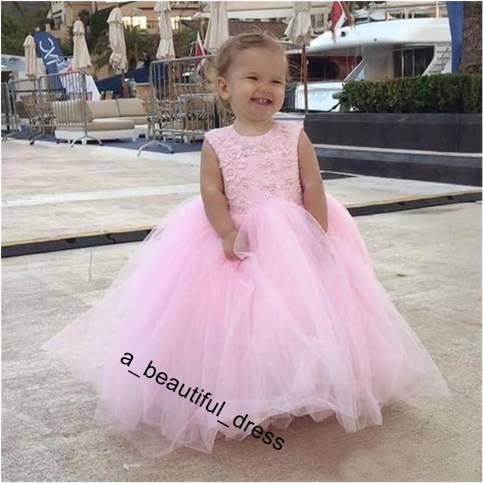 Vintage Blush Pink Princess Flower Girl Dresses Appliqued Lace Bow Flowergirl Dresses Floor Length Birthday Party Dresses for Girls FG1276