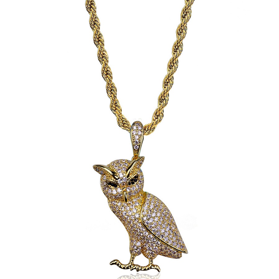 Fashion Men 18k Gold Plated Silver Chain Owl Pendant Necklace Designer Iced Out Rhinestone Hip Hop Rap Rock Jewelry Necklaces For
