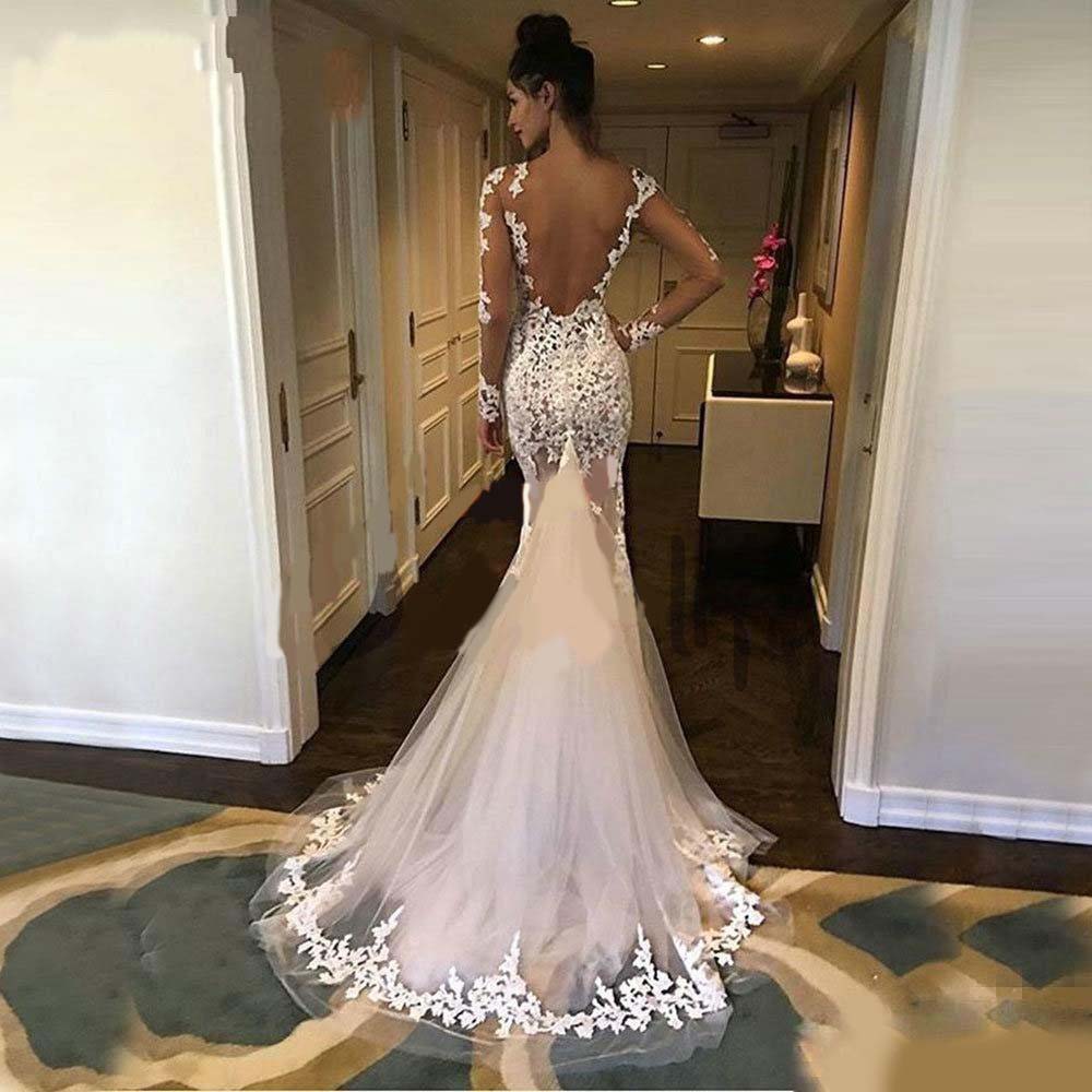 Classy Berta Mermaid Backless Wedding Dresses See Through Bateau Neck Long Sleeves Sexy Lace Bridal Gowns Tulle robes de mariée