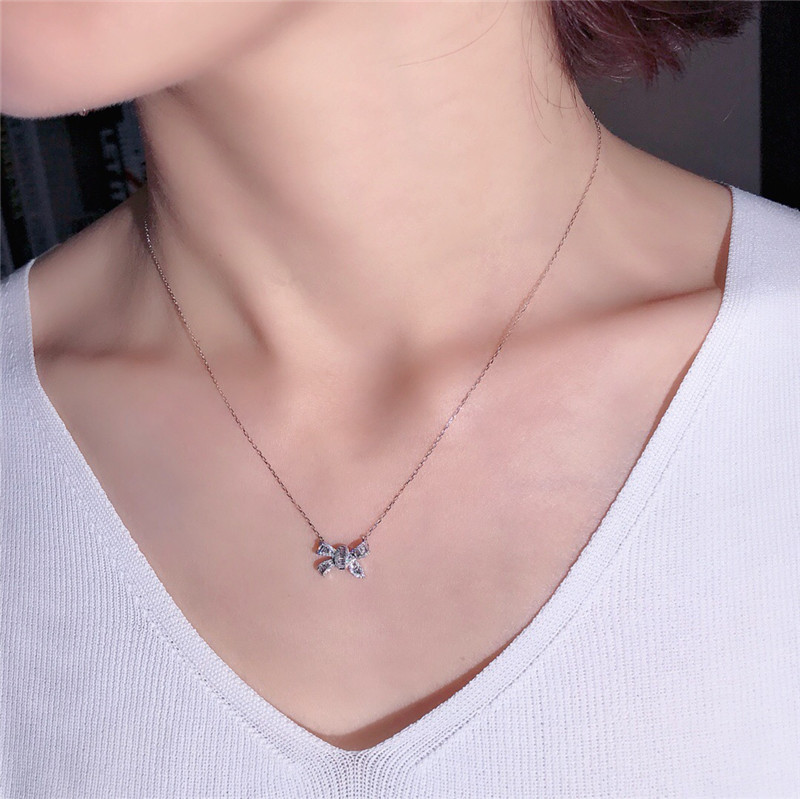 Vecalon Elegant Bowknot pendant Real 925 Sterling silver 5A zircon Wedding Pendants with necklace for Women Party Jewelry