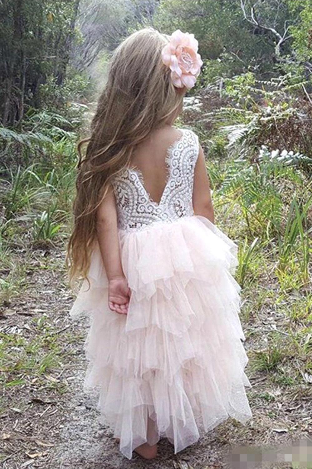 2019 Cute Short wer Girls' Dresses Lace Tulle Tiered Skirts Ruffles Sleeveless Cheap Bohemian Kids Formal Wear Pageant Ball Gown