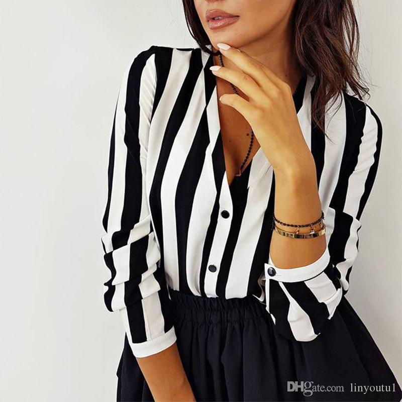 2020 New Blouse Women Casual Striped Top Shirts Blouses Female Loose Autumn Fall Casual Ladies Office Blouses Top Sexy