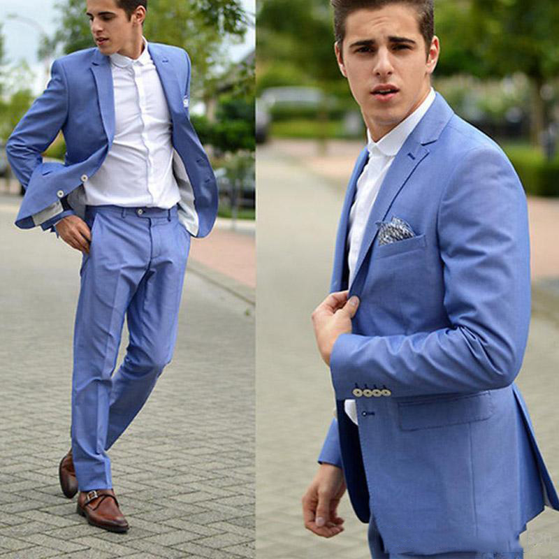 Two Piece Wedding Men Suits (Jacket Pant) Formal Style Light Blue Groom Tuxedo Bridegroom Latest Costume For Sale