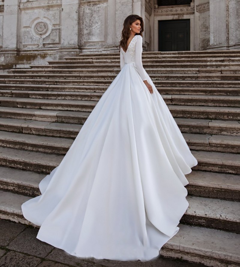 New A-E Wedding Dress Ivory Satin Elegant Long Sleeve Backless Lace Appliques Bride Gowns Abito Da Sposa Vestidos De Noiva