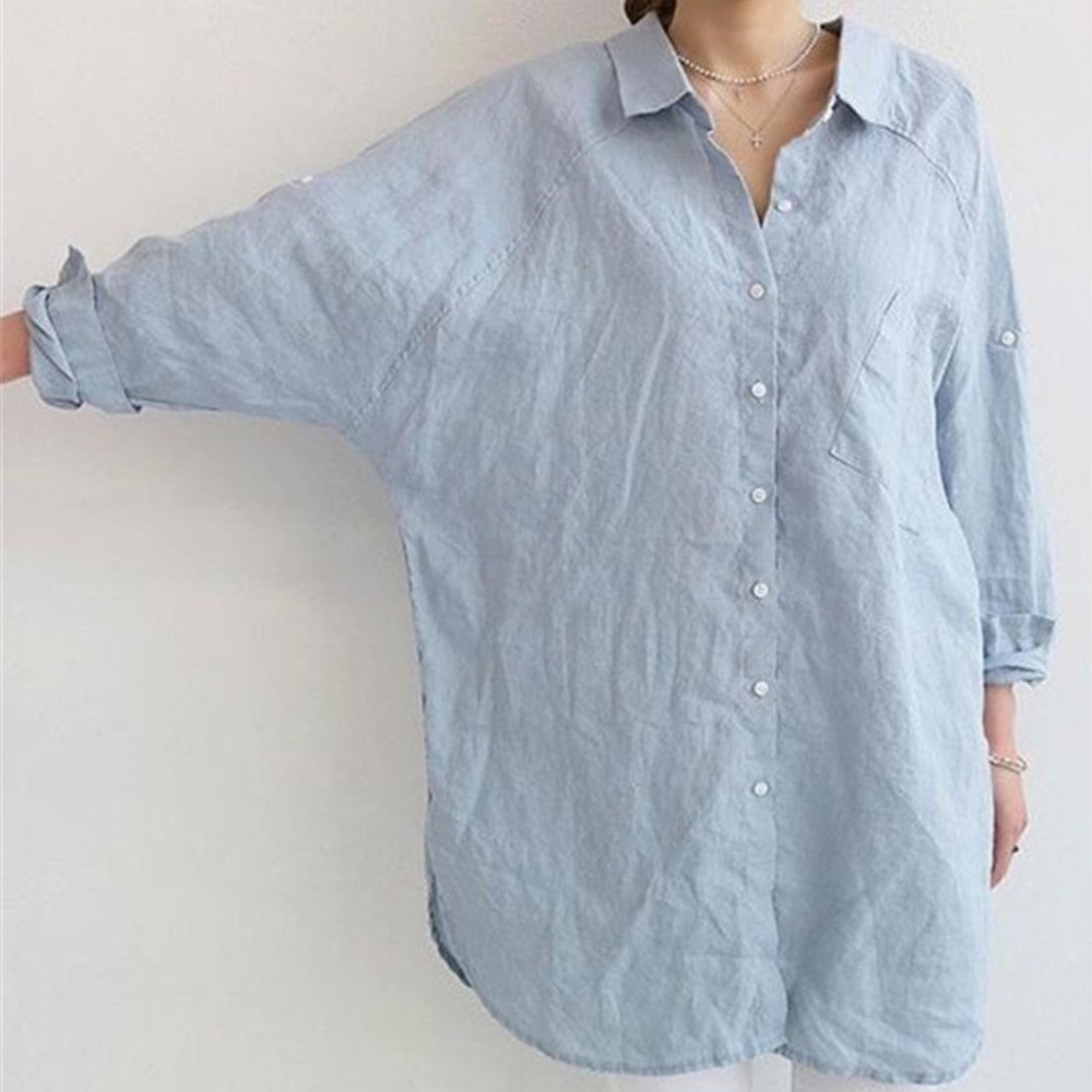 Womens Oversized Blouse Loose Large Cotton Linen Long Sleeve Solid Color