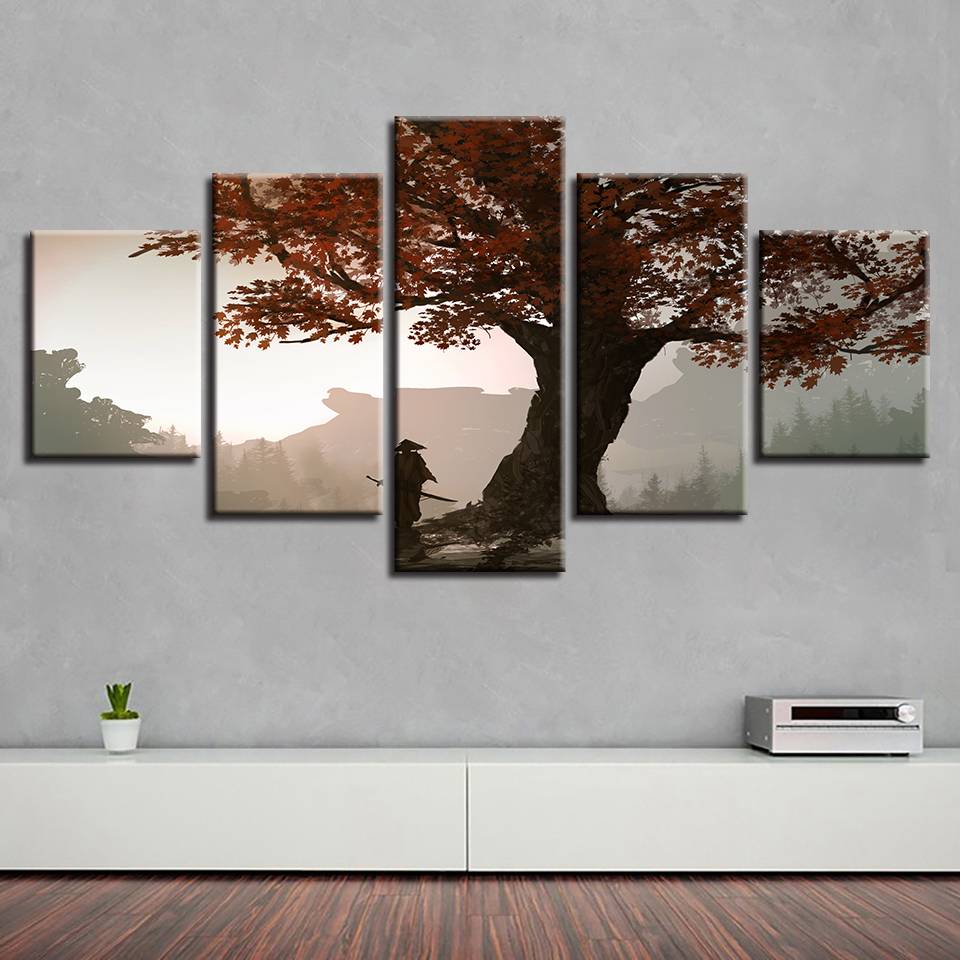 Canvas HD Prints Modular Pictures Home Decor 5 Pieces Samurai Anime Paintings Wall Art Maple Tree Poster Living Room(No Frame)