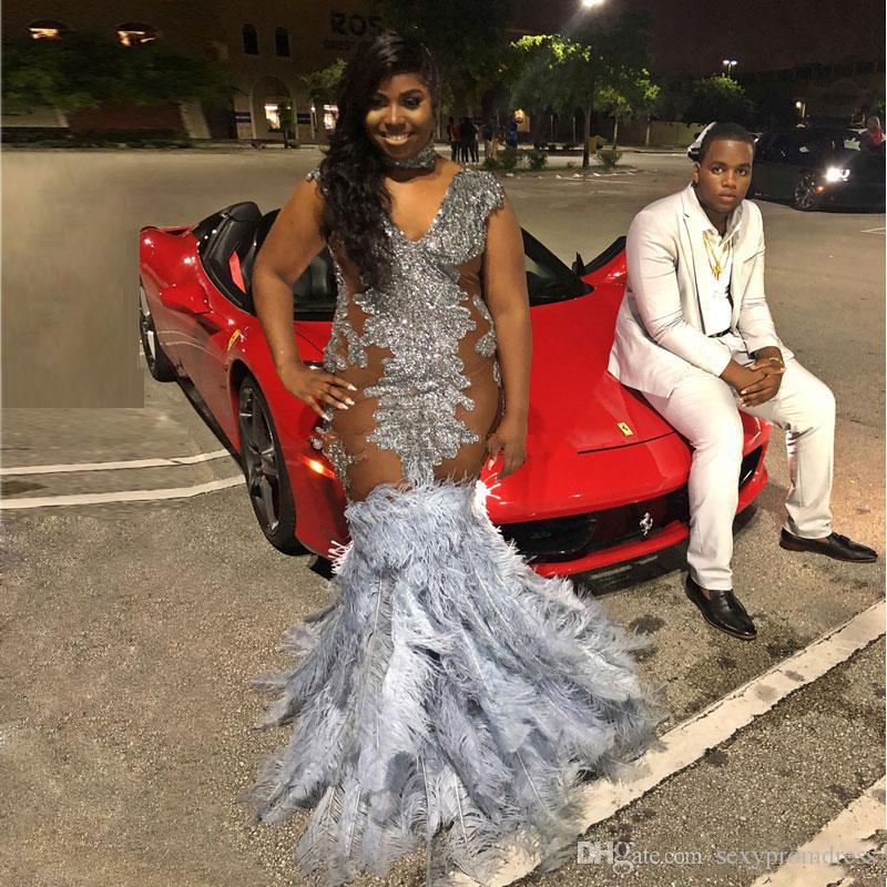South African Plus Size Prom Dresses Gray Feather Silver Beads Sequined Mermaid Evening Dress High Neck Illusion Custom Made Party Dress