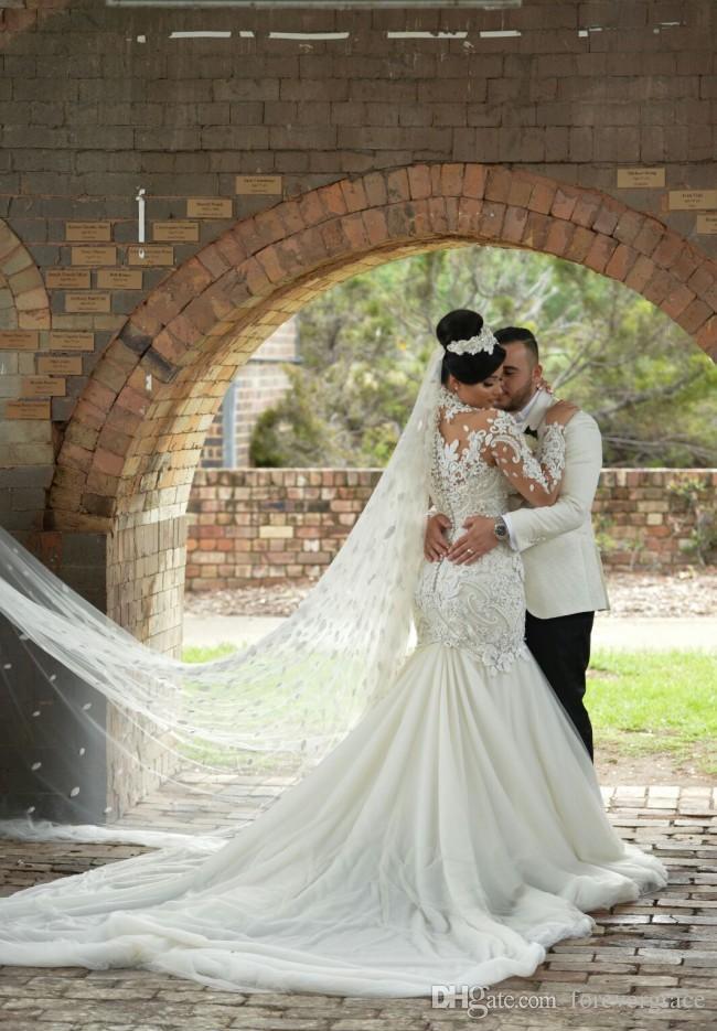 2019 Romantic Flora Dubai Style Wedding Dress Elegant Mermaid Long Sleeves Sheer High Neck Garden Bridal Gown Custom Made Plus Size