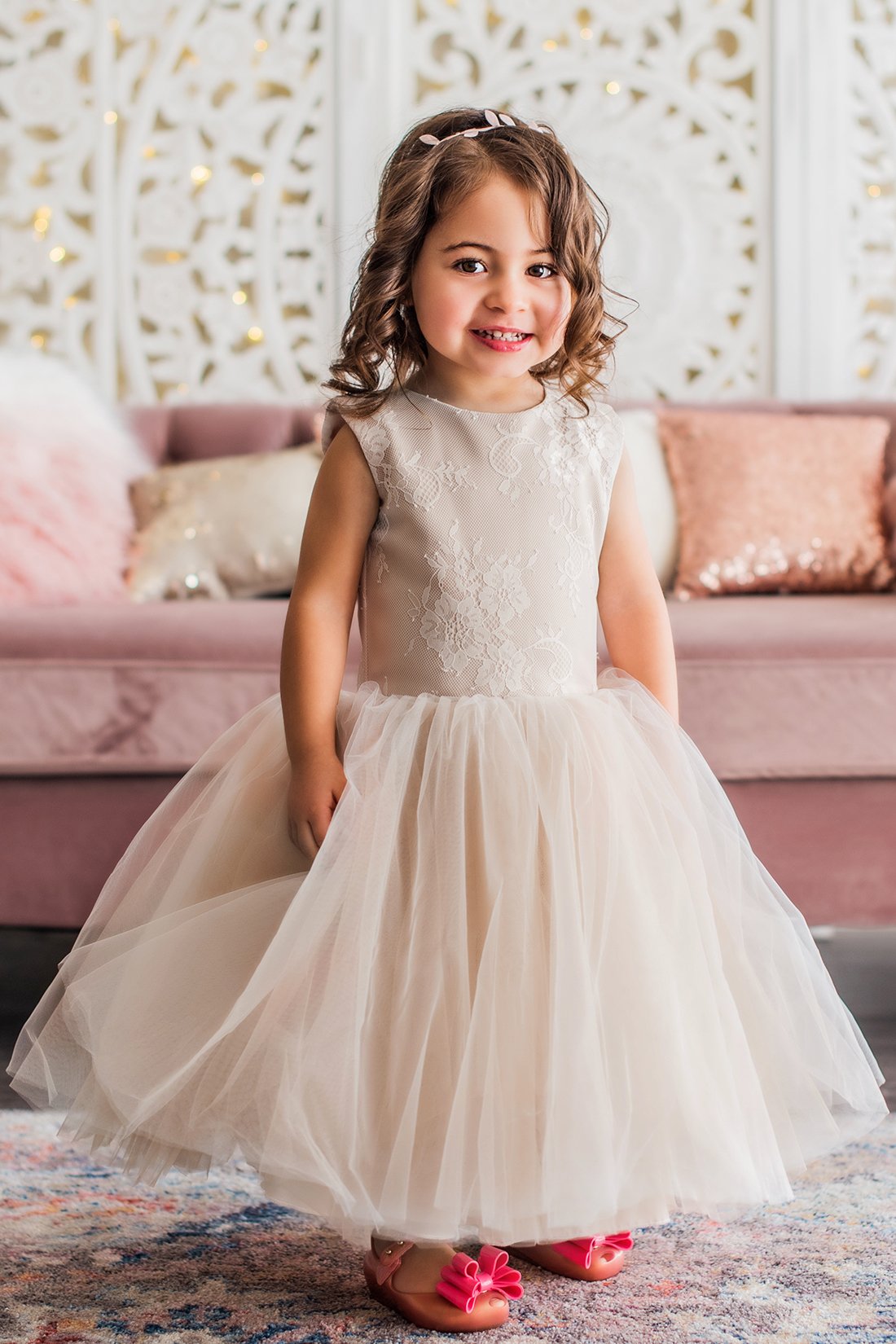 Modest Armoniia Ball Gown Flower Girl Jewel Neck Sleeveless Tulle Lace Applique Ruched Wedding Dress Ankle Length Girl's Birthday Part 0508
