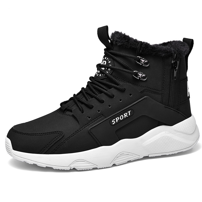Leather Ankle Snow Waterproof Men Boots Winter Fur Snow boots Plush Warm Male Casual Boot Sneakers Outdoor Boots, Black
